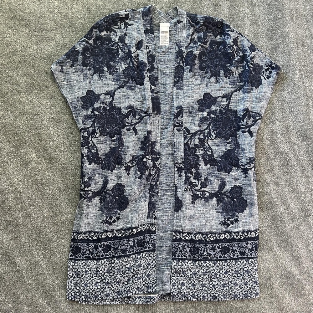Chico's Sweater Cardigan Womens XXS/XS Blue Floral Kimono Open Knit Boho Topper
